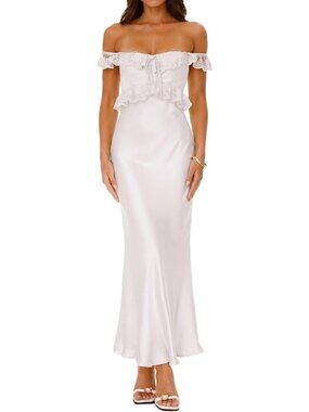 Elegant Off Shoulder Satin Maxi Dress | Formal Wedding Guest Gown 2026